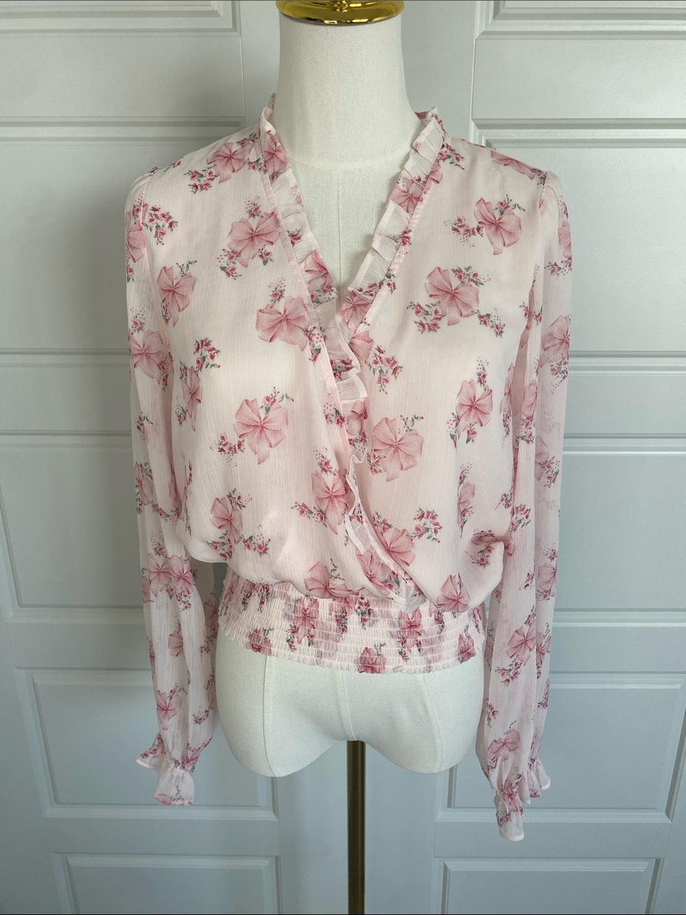 Joie Pink Floral Bow Ruffle Smocked Waist Blouse Small Coquette